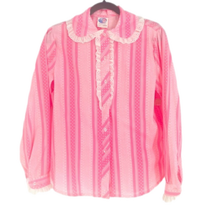 NWT VTG 1980s Pink & White Ruffle Collar Blouse - M